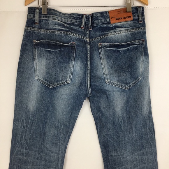 Ween Charm Men’s Distressed Jeans Ripped Blue Denim Size 34 Straight Leg - Picture 9 of 12